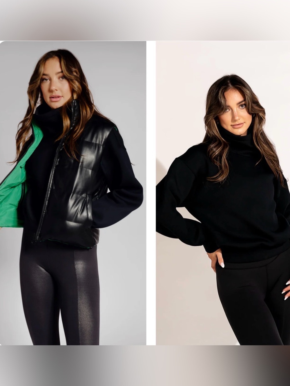 Black Quilted Leather-Look Puffer Vest with Green Lining - Women's